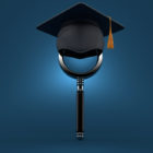 Magnifying glass, mortarboard, academia, journalism, collaboration