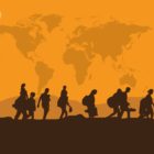 Illustration Refugee silhouettes horizon sun map