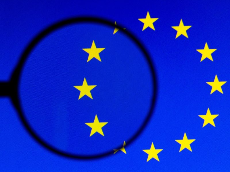 EU flag, magnifying glass